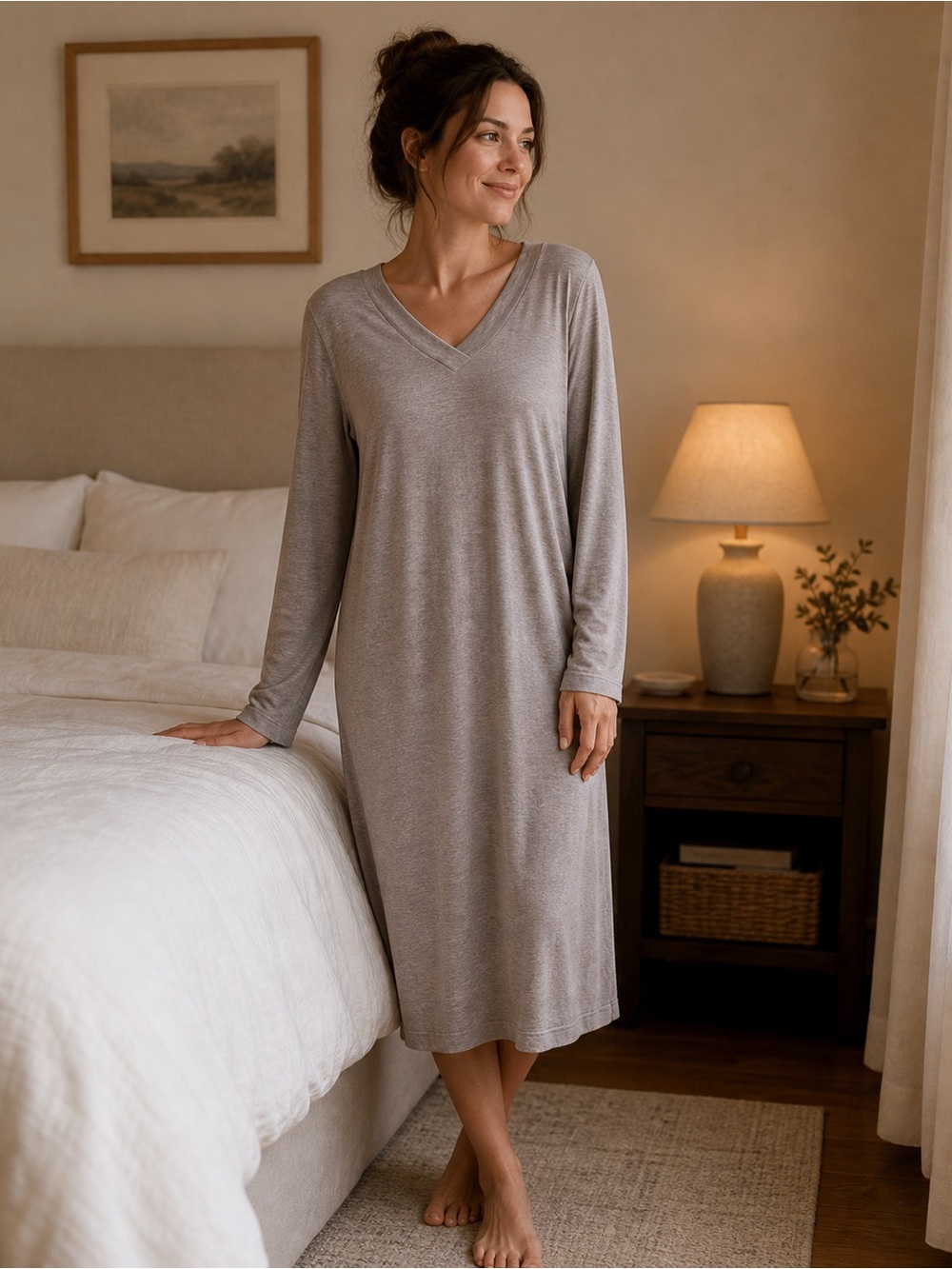 Hanro Women’s Long-Sleeve Heathered light Purple V-Neck Nightgown Size S